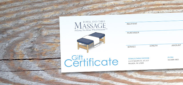 Request gift certificates from Towel and Table Massage.